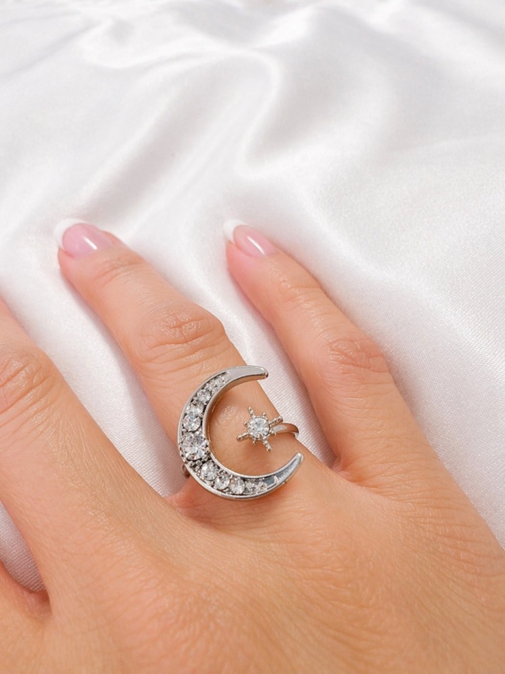 Adjustable Moon Star Ring Silver Tone Rhinestone Celestial